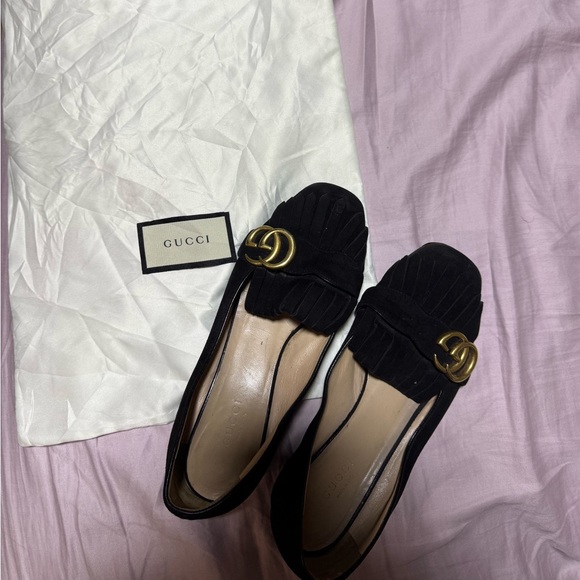 Gucci Shoes - Gucci Women's Black Suede Fringe Loafers with Gold GG Hardware Size 6